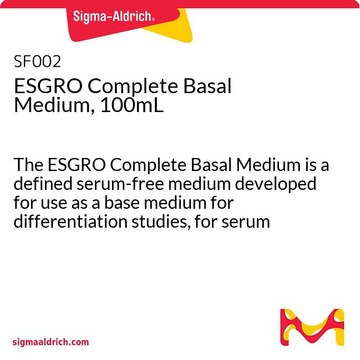 ESGRO Complete Basales Medium, 100 ml The ESGRO Complete Basal Medium is a defined serum-free medium developed for use as a base medium for differentiation studies, for serum free culture of ES cells when used with LIF &amp; BMP.