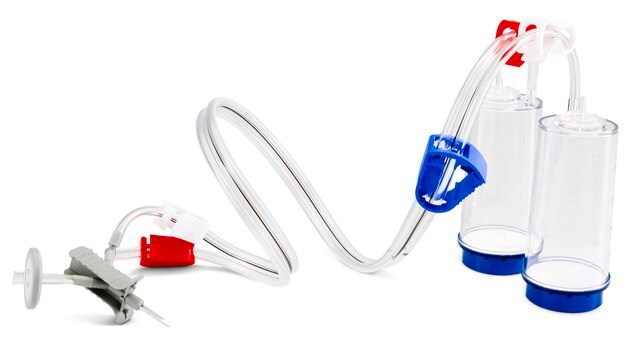 Dispositivo Steritest&#174; NEO For liquids in small vials., Blue base canister with a vented double needle for small vials with septa.