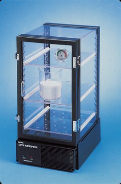 Scienceware&#174; tall auto-desiccator cabinet contains two adjustable shelves with vent holes, a door-mounted hygrometer dial, and door gaskets