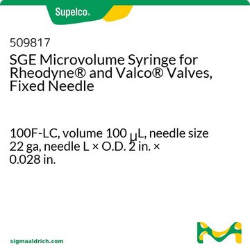 与 Rheodyne&#174; 和 Valco&#174; 阀配套使用的 SGE 微量注射器（配有固定针头） 100F-LC, volume 100&#160;&#956;L, needle size 22 ga, needle L × O.D. 2&#160;in. × 0.028&#160;in.