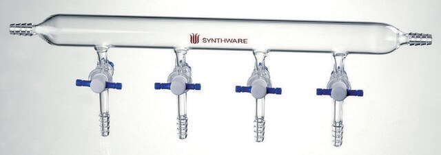 Synthware&#8482; vacuum manifold with PTFE stopcocks port size 6, Hose Connection: left-right, stopcock size 4&#160;mm