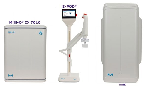 Sistema per l’acqua pura Milli-Q&#174; IX con erogatore E-POD&#174; output: type 2 water (> 5&#160;M&#937;·cm), input: potable tap water, The most advanced pure water system for the production of Elix&#174; quality water at a flow rate of 10 L/h, with E-POD&#174; pure water dispenser.