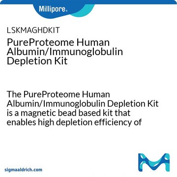 Kit de déplétion de l'albumine/des immunoglobulines humaines PureProteome The PureProteome Human Albumin/Immunoglobulin Depletion Kit is a magnetic bead based kit that enables high depletion efficiency of Albumin and all Immunoglobulins from human serum or plasma samples.