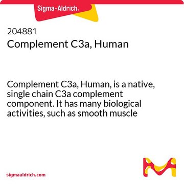 Komplement&nbsp;C3a, human Complement C3a, Human, is a native, single chain C3a complement component. It has many biological activities, such as smooth muscle contraction, platelet activation, &amp; immunoregulatory reactions.