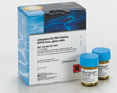 Comprimidos cOmplete&#8482; ULTRA, sin EDTA, viales de vidrio Cóctel de inhibidores de proteasas Tablets provided in glass vials