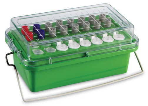 TrueNorth&#174; Mini Cooler for tubes, 0.5 &#8209; 2&#160;mL, with gel-filled lid, temp. limit 0 °C, size 32&#160;wells, green polycarbonate