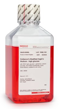 Milieu d'Eagle modifié par Dulbecco (DMEM) à teneur élevée en glucose With 4500 mg/L glucose, L-glutamine, sodium pyruvate, and sodium bicarbonate, liquid, sterile-filtered, suitable for cell culture