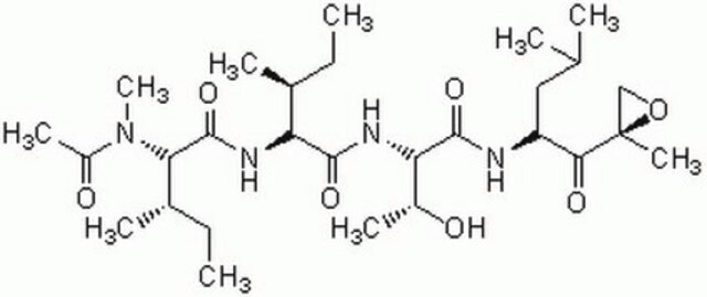 Epoxomicin, synthetisch Epoxomicin, Synthetic, CAS 134381-21-8, is a potent, specific, and irreversible inhibitor of chymotrypsin-like, trypsin-like, and peptidyl-glutamyl peptide hydrolyzing activities of the proteasome.