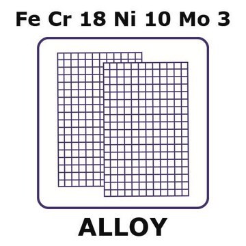 不锈钢 - AISI 316合金，FeCr18Ni10Mo3 mesh, 100 x 100mm, 0.38mm nominal aperture, 0.25mm wire diameter, 40 x 40 wires/inch, 0.37 open area, plain weave mesh type