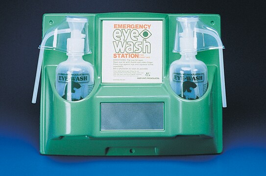 Double eyewash safety station Includes two 32oz polyethylene bottles with covered eye cups and discharge tube