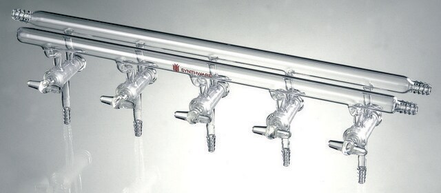 Synthware&#8482; all-glass vacuum/inert gas manifold with hollow high vacuum stopcocks number of ports, 4, Hose Connections: Front-right, Rear-left-right