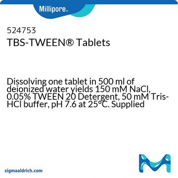 TBS-TWEEN&#174; Tablets Dissolving one tablet in 500 ml of deionized water yields 150 mM NaCl, 0.05% TWEEN 20 Detergent, 50 mM Tris-HCl buffer, pH 7.6 at 25&#176;C. Supplied in convenient blister packs. Note: 1 each = 10 tablets.