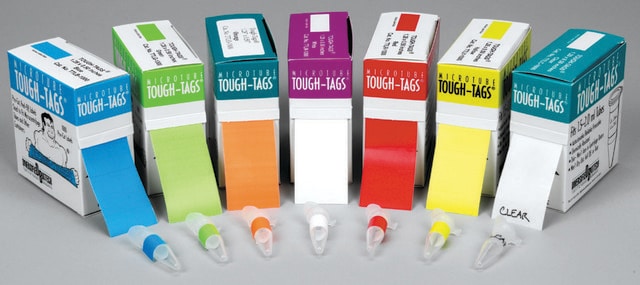 Tough-Tags&#8482; microcentrifuge tube labels blue, roll of 1000&#160;labels, L × W 0.94&#160;in. × 0.50&#160;in.