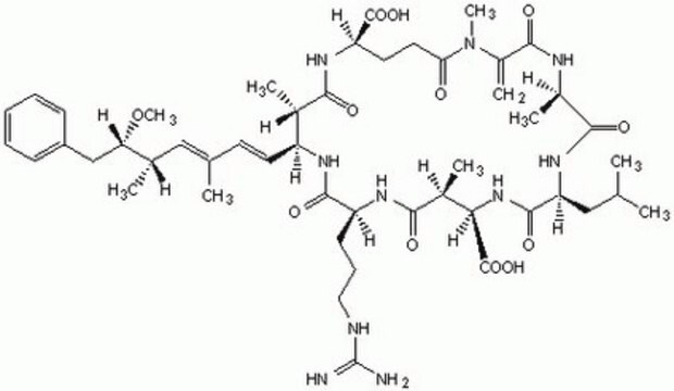 Microcystin-LR, Microcystis aeruginosa Cyclic heptapeptide toxin isolated from the freshwater cyanobacteria Microcystis aeruginosa.