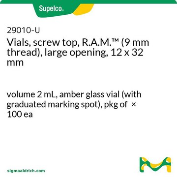 Fioles, bouchon à vis, R.A.M.&#8482; (filetage 9&nbsp;mm), à ouverture large, 12&nbsp;× 32&nbsp;mm volume 2&#160;mL, amber glass vial (with graduated marking spot), pkg of × 100&#160;ea