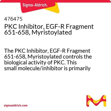 PKC Inhibitor, EGF-R Fragment 651-658, Myristoylated The PKC Inhibitor, EGF-R Fragment 651-658, Myristoylated controls the biological activity of PKC. This small molecule/inhibitor is primarily used for Phosphorylation &amp; Dephosphorylation applications.