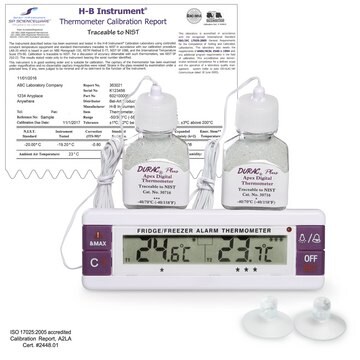 SP Bel-Art&#174; H-B Frio-Temp&#174; Calibrated Dual Zone Electronic Verification Thermometer temp. range at -40-70 °C (External), temp. range at -40-70 °C (Internal), 37°C Incubator Calibrations