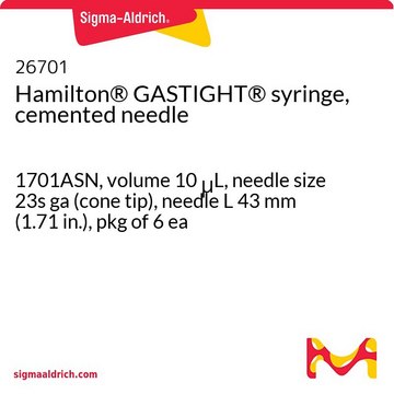 Hamilton&#174; GASTIGHT&#174; syringe, cemented needle 1701ASN, volume 10&#160;&#956;L, needle size 23s ga (cone tip), needle L 43&#160;mm (1.71&#160;in.), pkg of 6&#160;ea