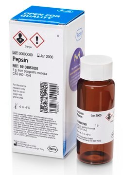 胃蛋白酶 lyophilized (salt-free), ~2500 units/mg protein (At 37 &#176;C with hemoglobin as the substrate. One unit is the enzyme activity which liberates the amount of Tyr producing an increase in the absorbance of 0.001/minute at 280 nm.)