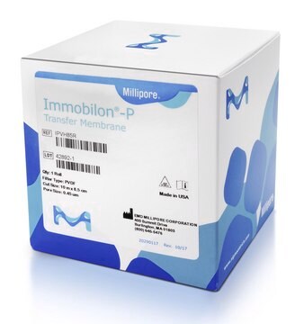 Membrana Immobilon&#174;-P, PVDF, 0,45 m, rollo de 8,5 cm x 10 m. 0.45 um ( 0.45 micron filter ) pore size Hydrophobic immobilon-P PVDF Transfer Membrane for western blotting using Chemiluminescence, Chromogenic or Radioactive detection methods. Comes in an 8.5 cm x 10 m roll.