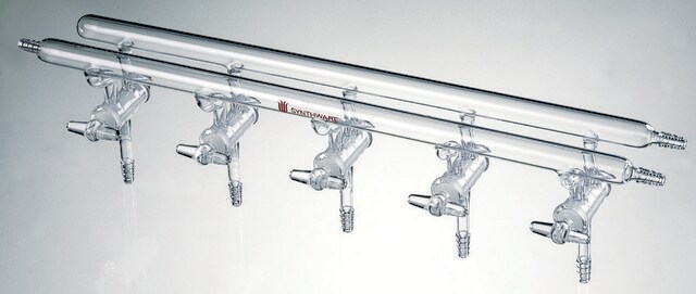 Synthware&#8482; all-glass vacuum/inert gas manifold with solid high vacuum stopcocks number of ports, 4, Hose Connections: Front-left, Rear-left-right