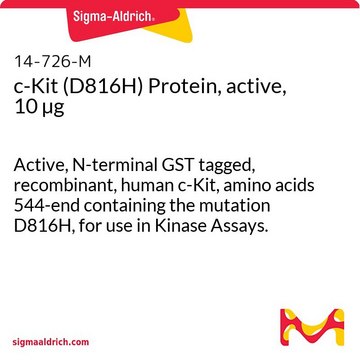 c-Kit (D816H) Protein, active, 10 &#181;g Active, N-terminal GST tagged, recombinant, human c-Kit, amino acids 544-end containing the mutation D816H, for use in Kinase Assays.