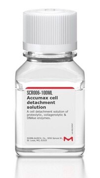 Soluzione per la conta delle cellule Accumax&#8482; in DPBS filtrato per la sterilità, testato per colture cellulari A cell detachment solution of proteolytic, collagenolytic &amp; DNAse enzymes. The reagent is useful for creating single cell suspensions from clumped cell cultures for accurate cell counting, detachment of cells from primary tissue.