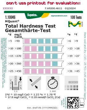 Gesamthärte-Test colorimetric, water hardness 5-25&#160;°d, water hardness 6-31&#160;°e, for use with MQuant&#174; StripScan App, water hardness 9-45&#160;°f, MQuant&#174;