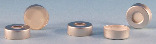 带 PTFE/硅胶隔垫的钳口密封盖 silver aluminum seal, seal diam. 20&#160;mm, open center, white PTFE/silicone septum, pkg of 100&#160;ea