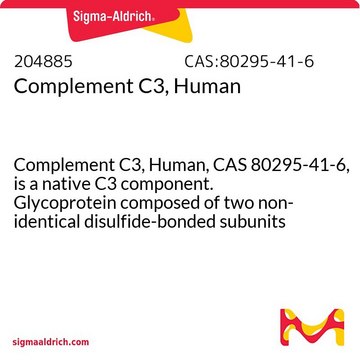 Complement C3, Human Complement C3, Human, CAS 80295-41-6, is a native C3 component. Glycoprotein composed of two non-identical disulfide-bonded subunits of 115 kDa (&#945;) and 75 kDa (&#946;).