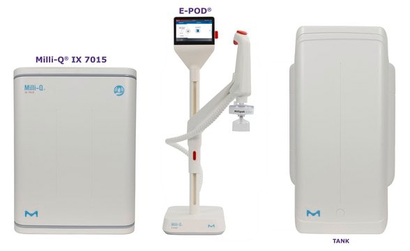 Sistema per l’acqua pura Milli-Q&#174; IX con erogatore E-POD&#174; output: type 2 water (> 5&#160;M&#937;·cm), input: potable tap water, The most advanced pure water system for the production of Elix&#174; quality water at a flow rate of 15 L/h, with E-POD&#174; pure water dispenser.