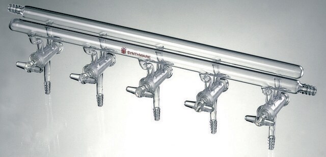 Synthware&#8482; all-glass vacuum/inert gas manifold with hollow high vacuum stopcocks port size 5, Hose Connections: Front-right, Rear-left