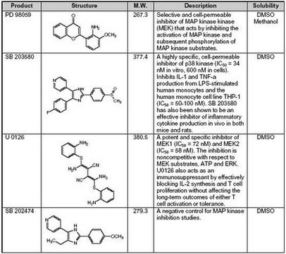 Zestaw inhibitorów kinazy MAP II The MAP Kinase Inhibitor Set II controls the biological activity of MAP Kinase. This small molecule/inhibitor is primarily used for Phosphorylation &amp; Dephosphorylation applications.