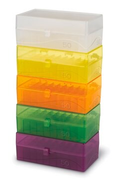 50-Well microtube storage box, for 1.5-2.0 mL tubes assorted colors, Blue, Green, Purple, Yellow, Orange, polypropylene