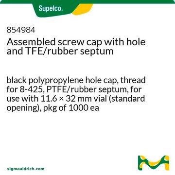 Bouchons à vis percés avec septum PTFE/caoutchouc, assemblés black polypropylene hole cap, thread for 8-425, PTFE/rubber septum, for use with 11.6 × 32 mm vial (standard opening), pkg of 1000&#160;ea