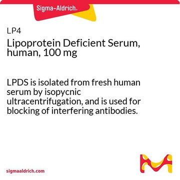 Lipoprotein Deficient Serum, human, 100 mg LPDS is isolated from fresh human serum by isopycnic ultracentrifugation, and is used for blocking of interfering antibodies.