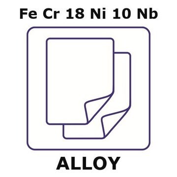 Stainless Steel - AISI 347 alloy, FeCr18Ni10Nb foil, 300 x 300mm, 0.1mm thickness, annealed