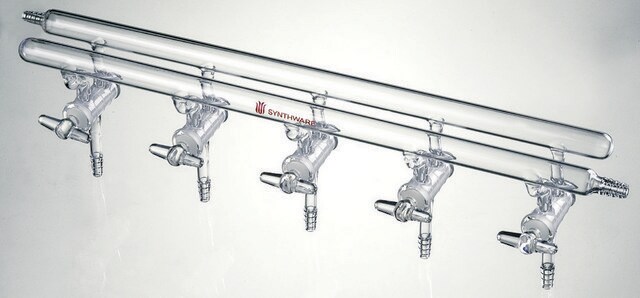 Synthware&#8482; all-glass vacuum/inert gas manifold with solid high vacuum stopcocks Ports: 4, Hose Connections: Front-right, Rear-left