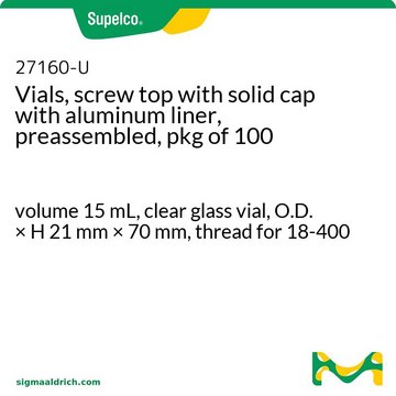 Vials, screw top with solid cap with aluminum liner, preassembled, pkg of 100 volume 15&#160;mL, clear glass vial, O.D. × H 21&#160;mm × 70&#160;mm, thread for 18-400