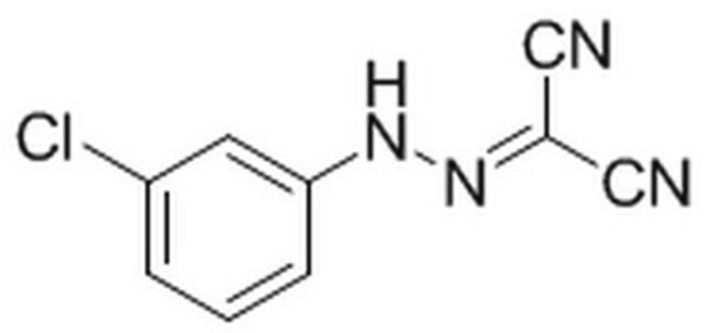 Carbonylcyanid-m-chlorphenylhydrazon Protonophore. Uncoupling agent for oxidative phosphorylation that inhibits mitochondrial function. Approximately 100 times more effective than 2,4-dinitrophenol.