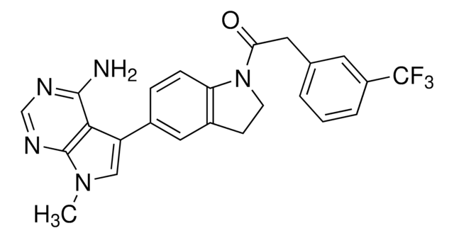 PERK抑制剂I，GSK2606414 GSK2606414 is a cell-permeable, highly potent inhibitor of EIF2AK3/PERK (IC&#8325;&#8320; = 0.4 nM; [ATP] = 5 &#181;M). Targets PERK in its inactive DFG conformation at the ATP-binding region.