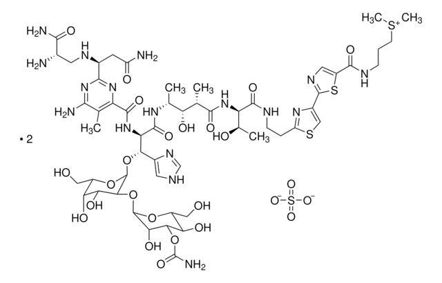 Sulfato de bleomicina from Streptomyces verticillus for fluorescence, mixture of bleomycin sulfate salts, lyophilized, powder or crystals, white to off-white